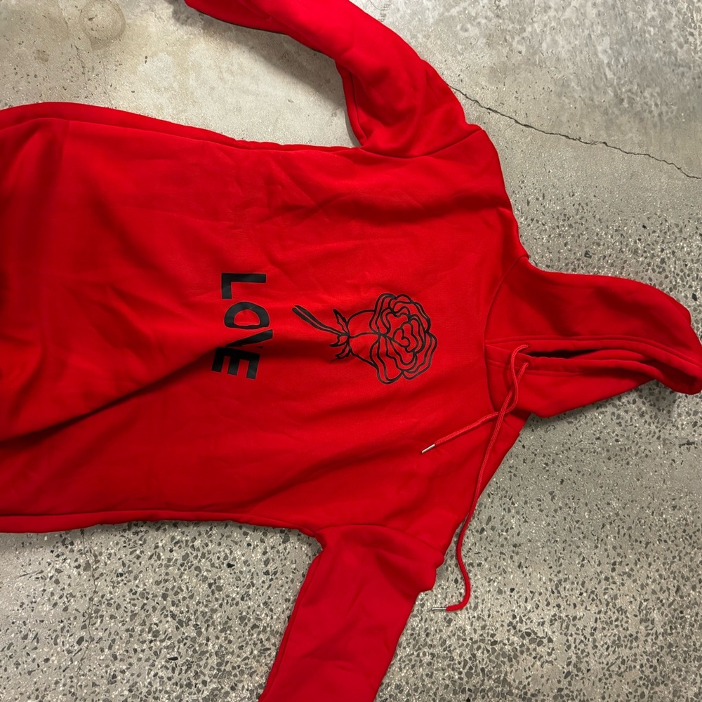 Red Hoodie with Love and Rose Design